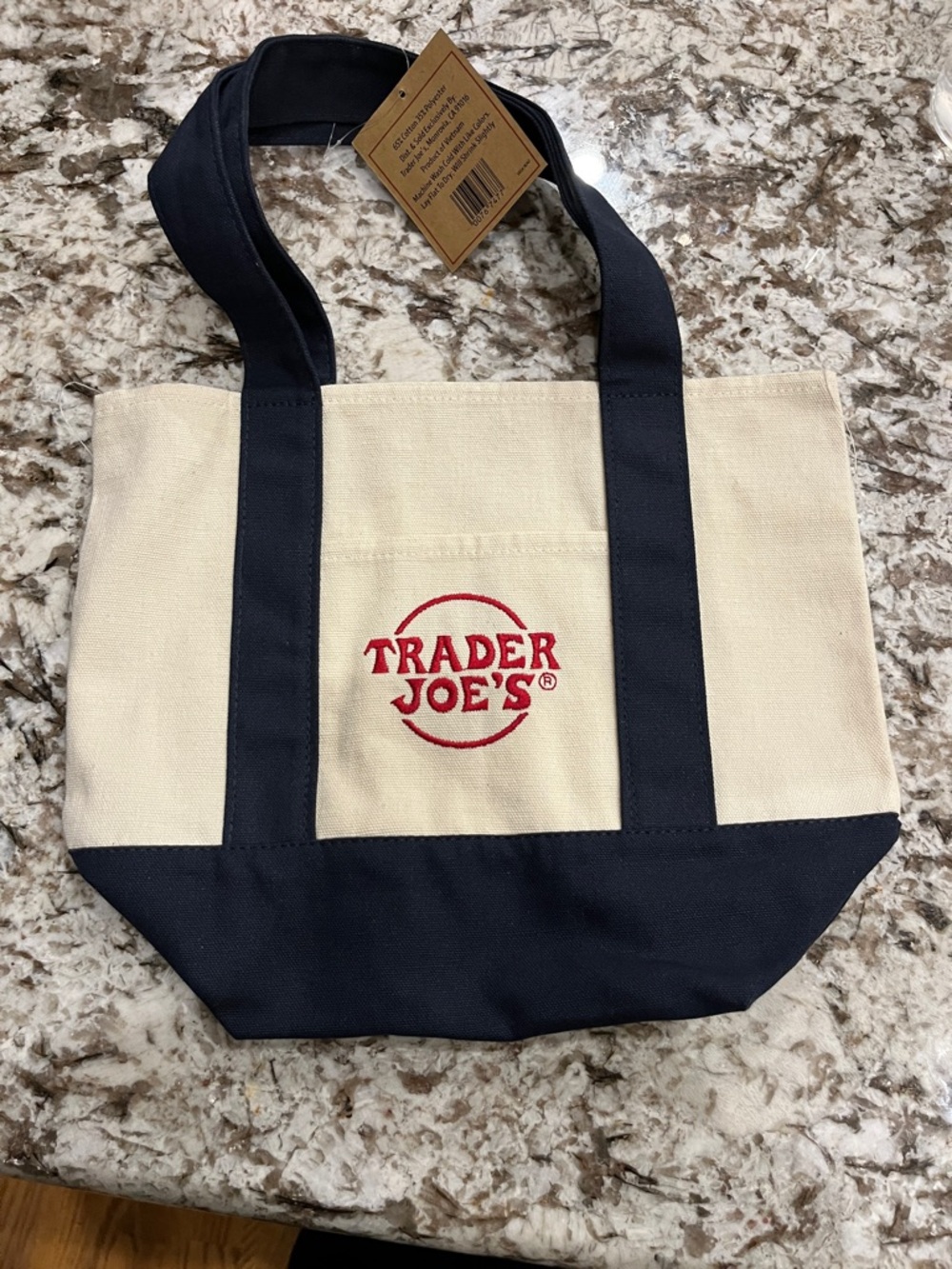 Trader Joe's Cream and Dark Blue Canvas mini Tote Bag - Picture 2 of 3